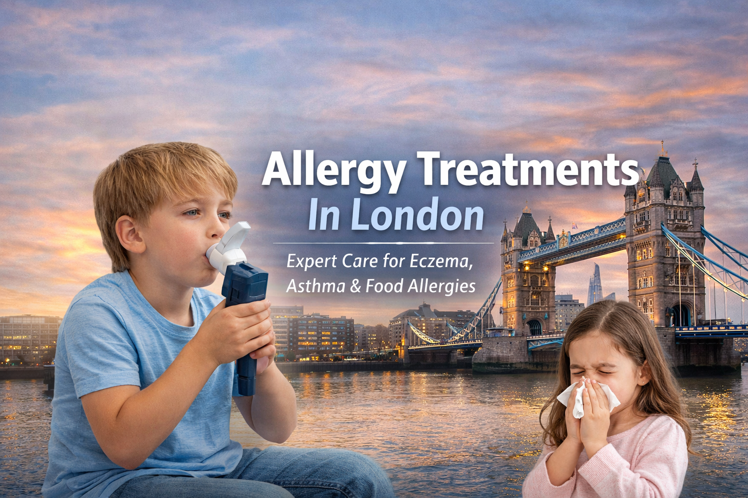 Child with asthma and a child with hay fever symptoms in London skyline representing allergy treatments for asthma, eczema and allergies