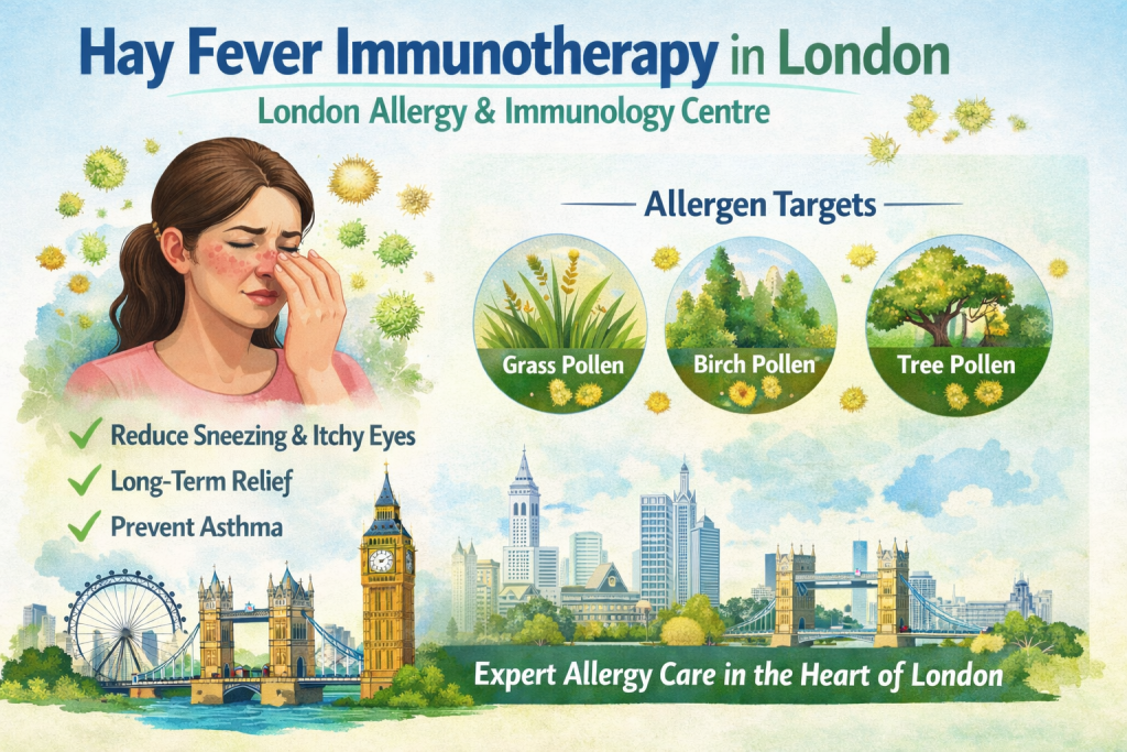 Hay fever immunotherapy treatment in London showing pollen allergens and benefits of allergy desensitisation at the London Allergy and Immunology Centre