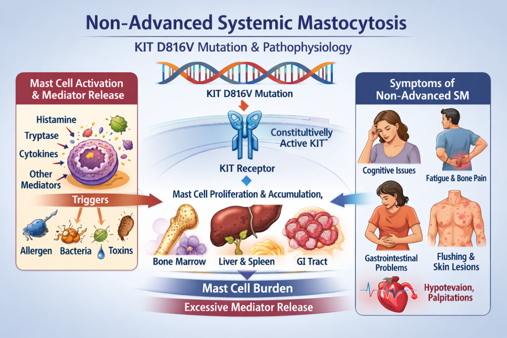 Infographic explaining non-advanced systemic mastocytosis showing KIT D816V mutation, constitutively active KIT receptor, mast cell proliferation and mediator release leading to multi-system symptoms.