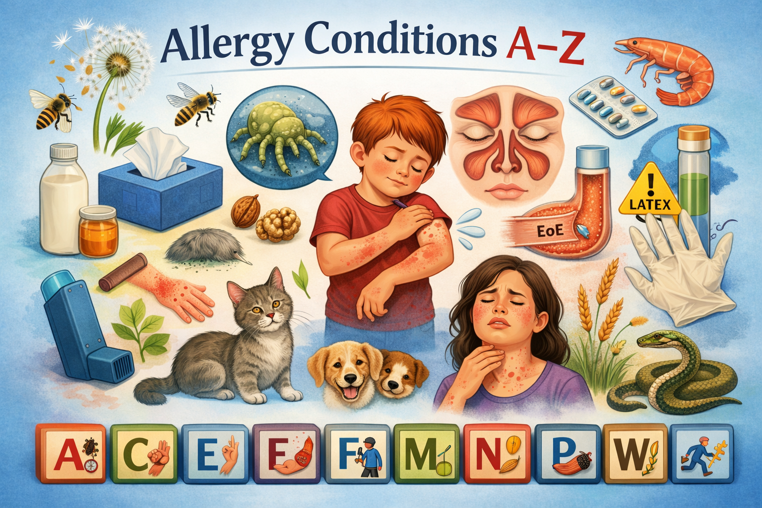 Allergy conditions A to Z including asthma, eczema, food allergy, hay fever, pet allergy and anaphylaxis