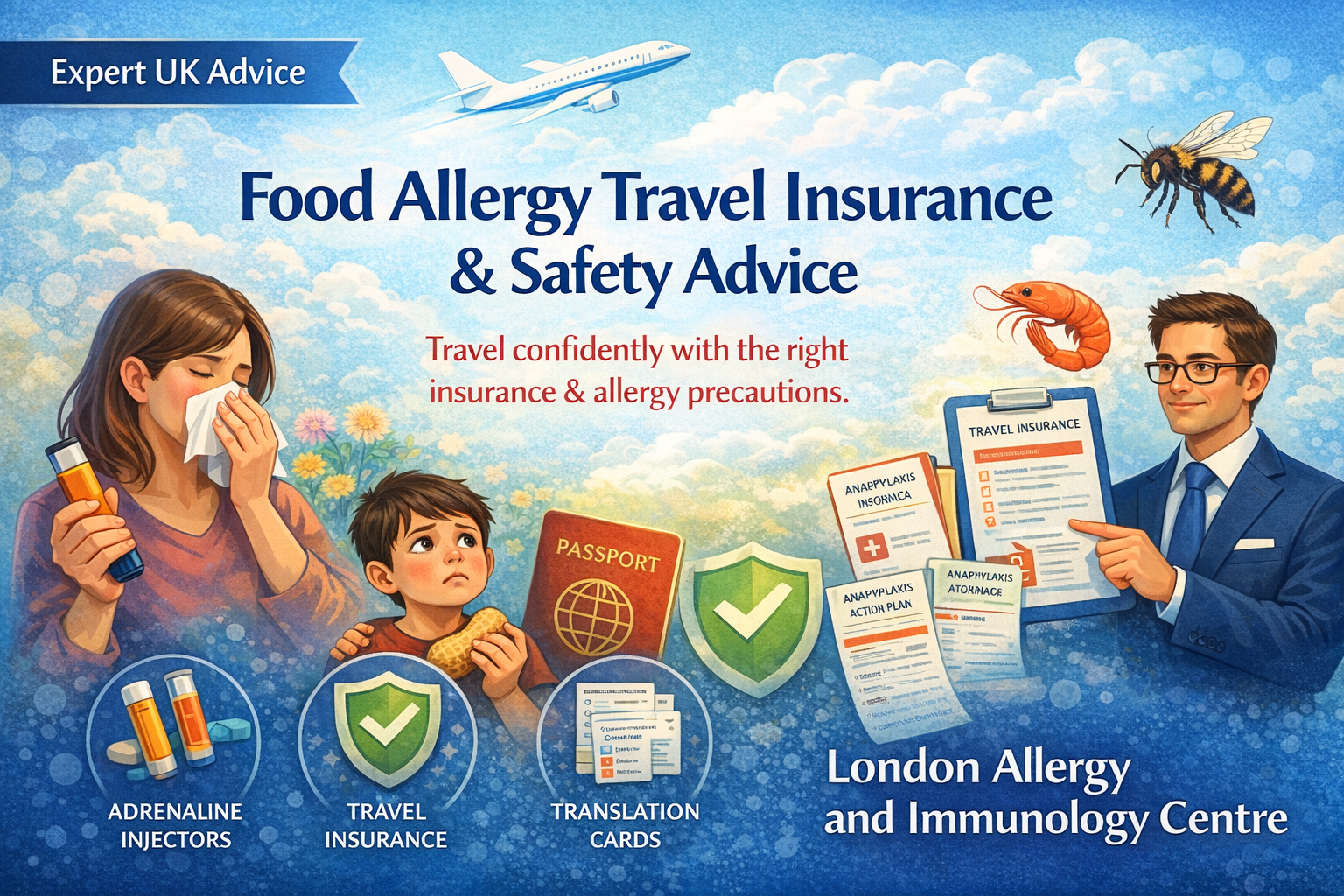 food allergy travel safety advice with a patient carrying adrenaline auto-injectors, travel insurance documents and guidance from London Allergy and Immunology Centre