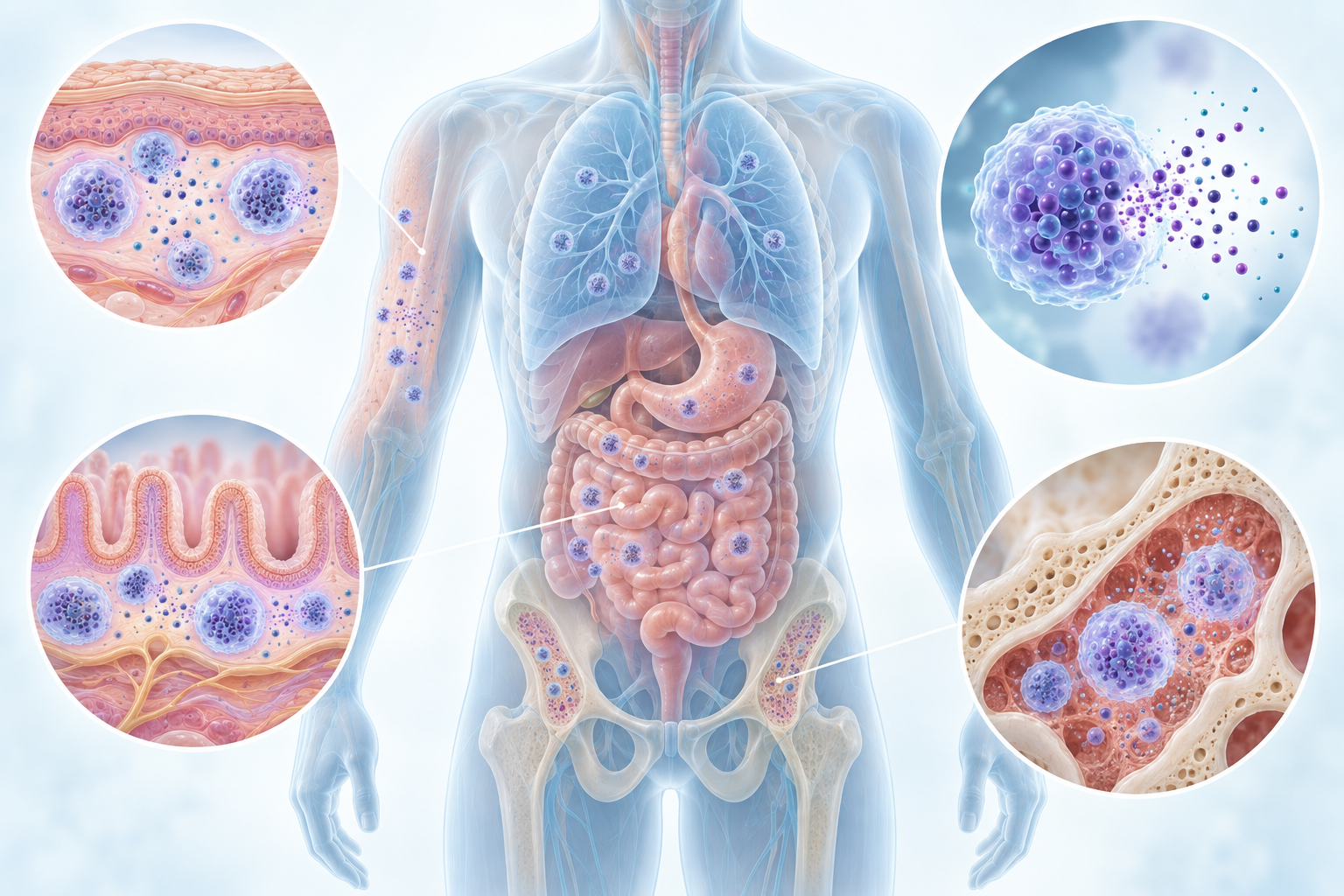 Mastocytosis can cause abnormal mast-cell accumulation in the skin, bone marrow and other organs.